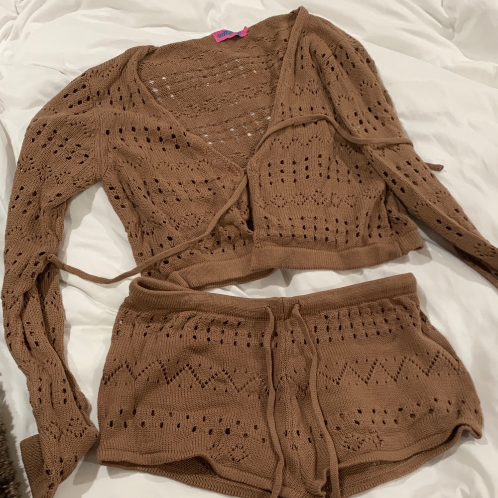 Brown Knit Wrap Top and Shorts Set